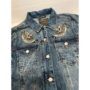BLANKNYC Denim Jacket Embroidered Birds Out of Sight Out of Mind Blue Size S